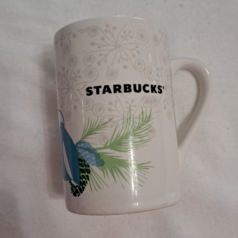 Starbucks Coffee 2011 White Winter Snow Blue Bird Mug 10 fl oz